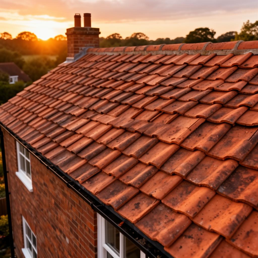 Newly laid clay tile roof at sunset