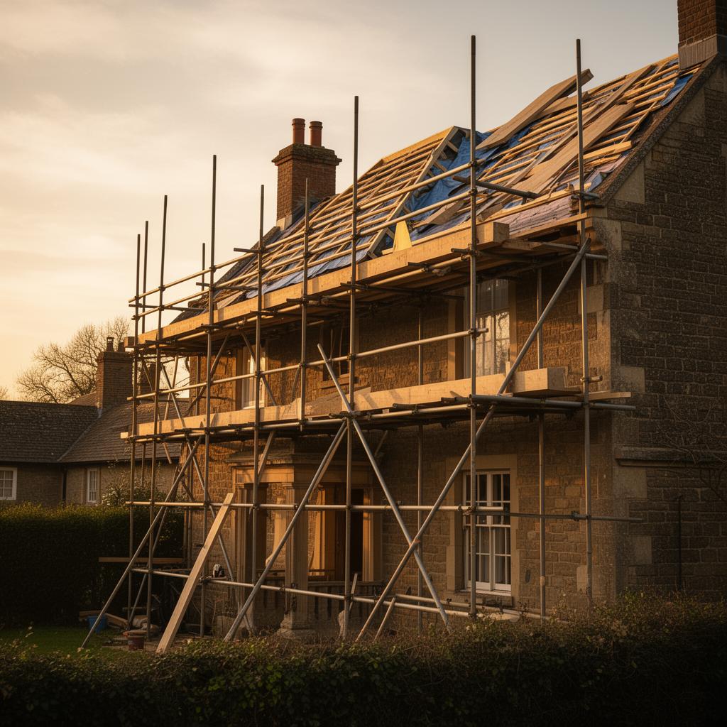 Scaffolded heritage reroof at golden hour