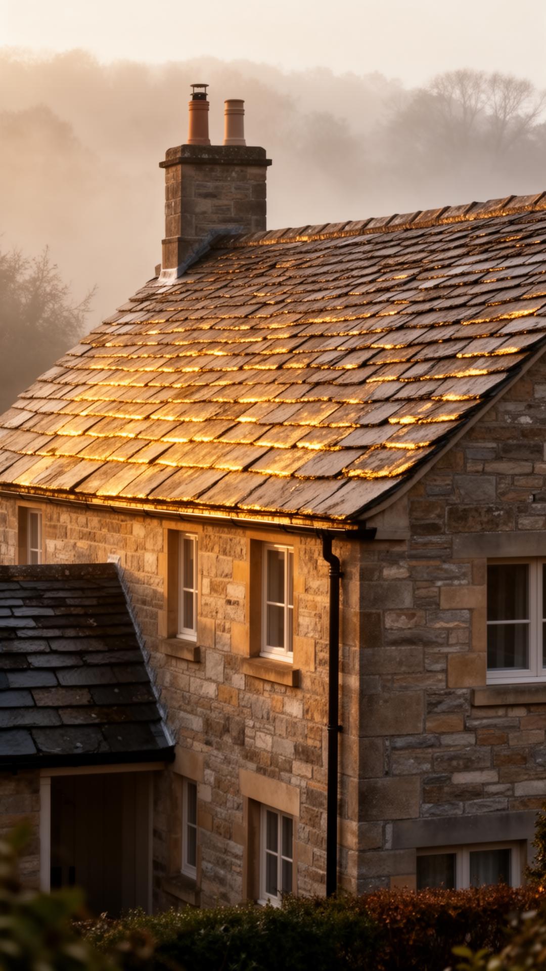 Restored UK heritage home with natural slate roof in golden morning light